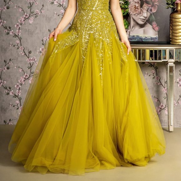 NEW FORMAL ONE SHOULDER SLEEVELESS MESH GOWN EMBROIDERED WITH SEQUINS GL3281 - Picture 7 of 12